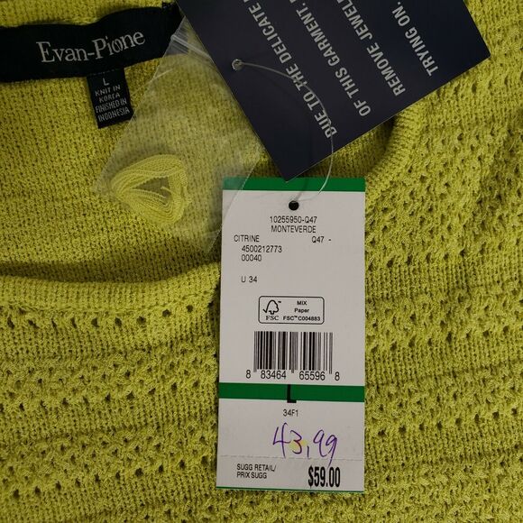 Evan Picone Womens Top Large Open Mesh Knit Yellow Green Short Sleeve Sweater - Picture 9 of 11